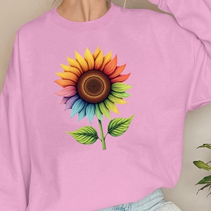 เสื้อสเวตเตอร์พิมพ์ลายดอกทานตะวันสีรุ้งและใบไม้สีเขียวผ้าถักแบบสบายๆ - Product Image 1