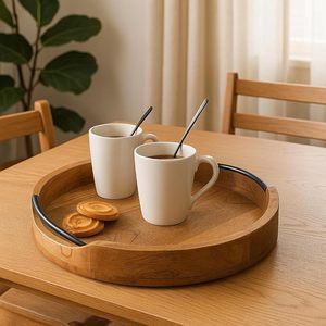 Rustic Wooden Decorative Serving Tray Round Coffee Tea Snack Platter Metal Handles <b>Microwave</b> Safe for Home Dining Table Wedding - Product Image 1