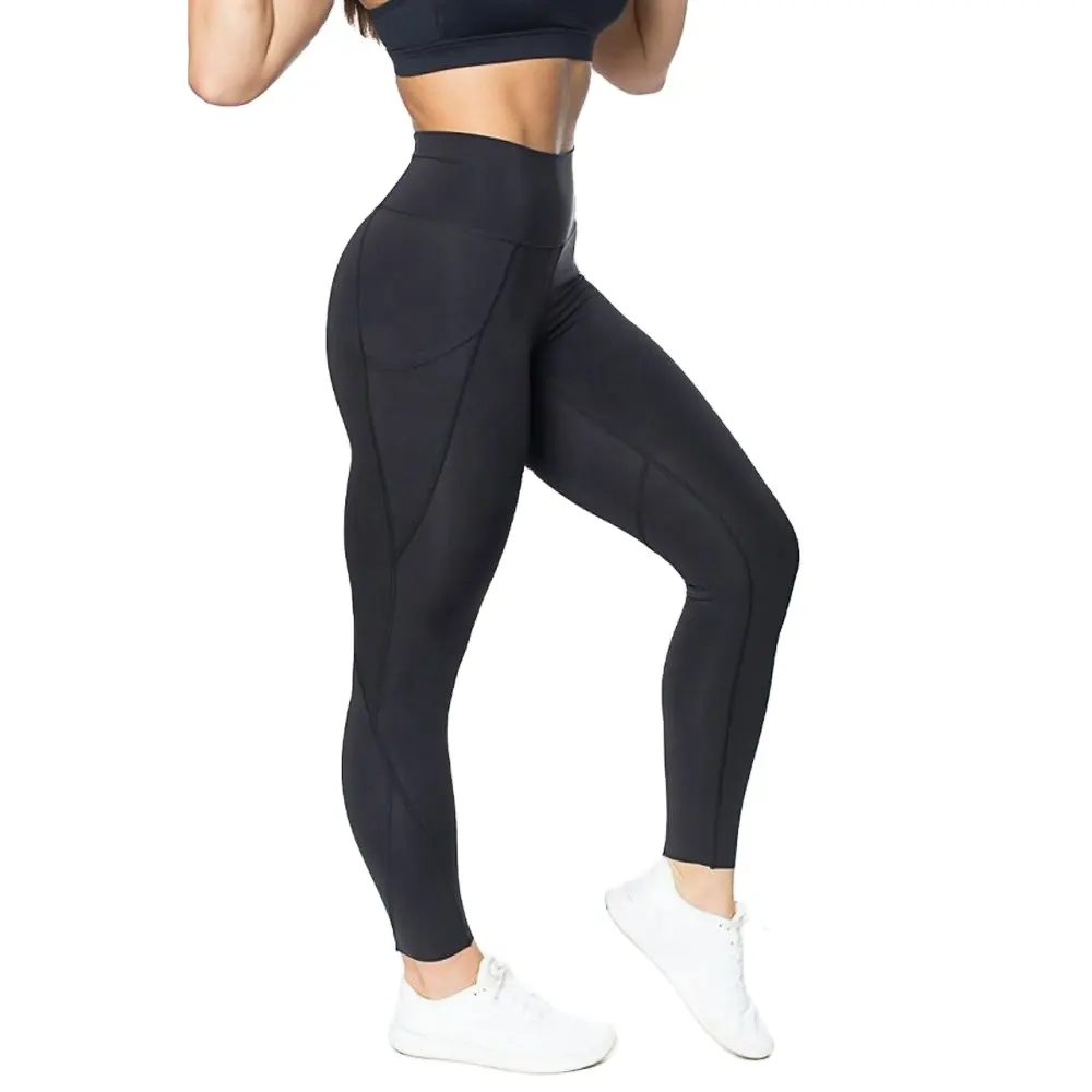 Legging desain kustom wanita hitam dengan kantung ponsel, legging lari legging olahraga gym antilembap untuk wanita