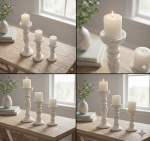 Juego de 3 Portavelas de Madera Blanca Envejecida Estilo Shabby Chic, Candelabros de Pilar con Acabado Desgastado, Decoración para Mesa de Boda o Hogar - Product Image 3