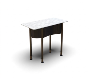 Mesa de Comedor Contemporánea con Incrustaciones Geométricas de Madera y Elegante Estructura Metálica Curvada - Product Image 1