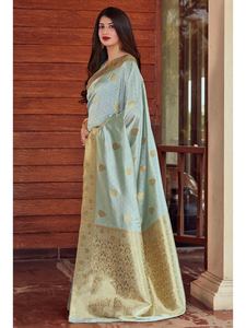 Katan New Saree Latest Designer Party Wear Wedding Ladies Women Wear BANARASI SILK GOLDEN BORDER SAREE WITH UNSTICTH 69413 - Product Image 4
