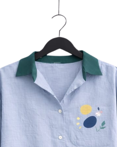 Conjunto de dos piezas para mujer, camisa azul claro y pantalones anchos verdes, conjunto informal de algodón y lino, ropa de verano con bolsillos estampados - Product Image 6