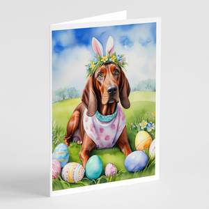 Redbone Coonhound Easter Egg Hunt Tarjetas de felicitación Pack 8 Whimsical A7 Tamaño 5x7 Tarjetas de nota en blanco con sobres - Product Image 1