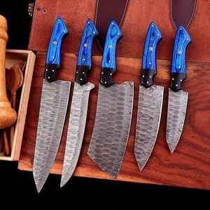 Juego de Cuchillos de Cocina Damascus Hechos a Mano con Acero de Damasco, Cuchillos Profesionales con Mango de Madera Azul, Venta al Por Mayor OEM - Product Image 1