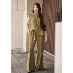 Ensemble blazer élégant pour femme, col mandarin, marron olive, avec haut ceinturé et pantalon évasé, costume deux pièces pour femme de bureau, NELLY - Product Image 2