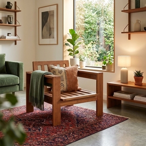 Fauteuil de salon en teck massif, chaise d'appoint à lattes, fauteuil de relaxation individuel artisanal, meuble en bois - Product Image 3