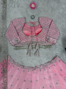 Pink Beaded Chiffon <b>Lehenga</b> Set V-neck Long Sleeve A-Line Crop Top Asymmetrical Princess Waistline for Pregnant Women Classic - Product Image 2