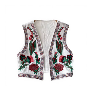 Gilet sans manches pour femme en polyester/coton brodé à la main motif floral, coupe courte ouverte sur le devant, style vintage décontracté, vêtement d'extérieur à superposer - Product Image 3