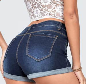 Shorts en jean décontractés taille haute pour femmes, style déchiré, respirants, bleu foncé, à boutons – Vente chaude en gros - Product Image 5