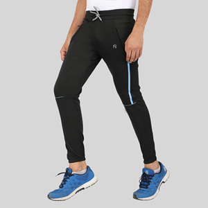 Pantalon de survêtement sport bleu quatre directions avec bande latérale, logo personnalisable, impression HD, délavage coloré, 100 % polyester, séchage rapide, tailles homme M/L/XL - Product Image 1