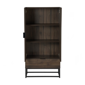 Modern <b>Walnut</b> Wardrobe <b>Cabinet</b> with 2 Doors and Storage Drawer Industrial Style Bedroom Armoire with Black Metal Base Stand - Product Image 2