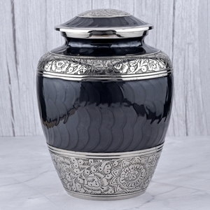 Urna Funeraria de Latón Plateada y Azul con Diseño Floral para Cenizas Humanas, Urna Conmemorativa y Funeraria para Entierro - Product Image 4