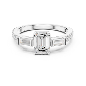 Bague de fiançailles de luxe en or 14K 18K avec diamant taille émeraude et pierres latérales taille baguette pour femme - Product Image 1