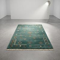 Tapis d'intérieur classique marocain bleu sarcelle en laine nouée à la main, motif floral, pour salon, avec franges et pompons