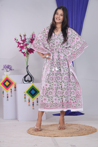 Floral Print Cotton <b>Kaftan</b> Dress Women's Loose Fit V-Neck Batwing Sleeve Midi Length Boho <b>Summer</b> Casual Wear Breathable - Product Image 3