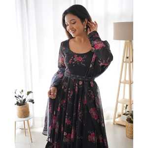 Conjunto de Traje Anarkali Formal DKB 26 para Mujer, Color Negro, Seda/Algodón Suave con Diseño de Espiga, Completamente Cosido - Product Image 5