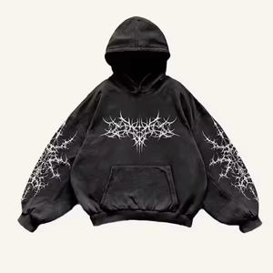 เสื้อฮู้ดสตรีทแวร์คุณภาพสูงทรงโอเวอร์ไซส์สีดำฟอกกรด พิมพ์ลายกราฟิกแบบหนาม  ผลิตตามสั่งคุณภาพเยี่ยมสำหรับผู้ชาย - Product Image 1