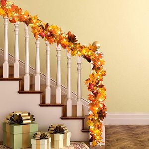 DearHouse 2 Pack 5.9Ft/Piece Fall Maple <b>Leaf</b> Garland with 16.4ft 40 Led String <b>Light</b> Artificial Autumn Thanksgiving Hanging Vine - Product Image 1