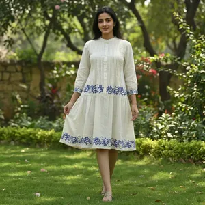 Womens Cream Embroidered Cotton Midi Dress Mandarin Collar <b>Three</b> Quarter Sleeves Pleated Bodice A Line Casual Elegant SummerWear - Product Image 2