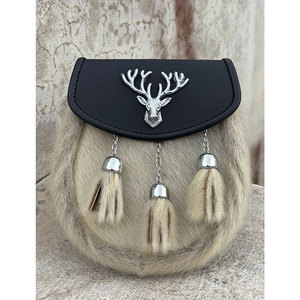 Handmade Black White Fur with <b>Stag</b> <b>Head</b> Antique Leather Kilt Sporran Top Selling Traditional Scottish Pouches and Bags - Product Image 1