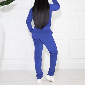 Conjunto Deportivo con Capucha para Mujer, Azul Sólido, Cierre Completo, Manga Larga, Pantalones Casuales, Dos Piezas, Corte Regular, Ropa de Otoño - Product Image 4