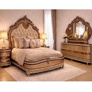 Cama Doble de Lujo Estilo Turco con Cabecera Alta, Armario y Cómoda, Muebles de Dormitorio con Tallados Reales, Cama Clásica con Taburetes Laterales - Product Image 1