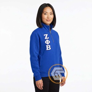 Zeta Phi Beta <b>Women's</b> <b>Quarter</b> <b>Zip</b> <b>Sweatshirt</b> Royal Blue Fleece Stand Collar Embroidered Greek Letters Pullover - Product Image 4