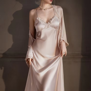 Conjunto de Dos Piezas de Lencería Sexy de Seda para Dormir, Camisón con Tirantes, Ropa de Dormir Larga de Seda para Mujer - Product Image 4