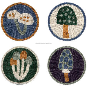 Nature Theme Beaded Embroidered Durable Canvas <b>Coasters</b> Mushroom Tree Design 300mm Diameter Drink <b>Coaster</b> <b>Set</b> Decorative Mat - Product Image 1