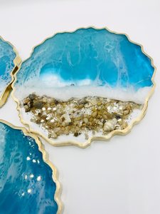 Beach inspired resin Handcrafted <b>Blue</b> Resin <b>Coasters</b> with Gold Accents - Elegant Decorative <b>Coaster</b> Set for Table and Home Decor - Product Image 3