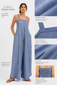 Women <b>Linen</b> Jumpsuit Casual Overalls Wide Leg <b>Rompers</b> Smocked Back Square Neck Strapped Loose Elegant Wholesale Dungarees - Product Image 6