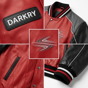 Chaqueta Varsity de Cuero Genuino para Hombre Darkry, Diseño a Rayas Rojas y Negras, Cuello Acanalado, Botones a Presión, Parches de Motociclismo, Abrigo de Invierno - Product Image 6