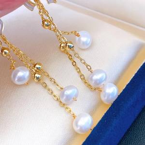 Pendientes de Estilo Francés con Borlas, Perlas Redondas de Agua Dulce de 5-6 mm, Ligeramente Imperfectas, Diseño de Lazo - Product Image 4