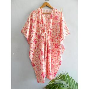 ชุดเดรสผ้าฝ้ายโบฮีเมียนทำมือ คอวี แขนทรงปีกค้างคาว ลายพิมพ์บล็อก ลายดอกไม้ ซักได้ ใช้คลุมชายหาด ทรงหลวม สไตล์ทูนิค สำหรับฤดูร้อน - Product Image 4