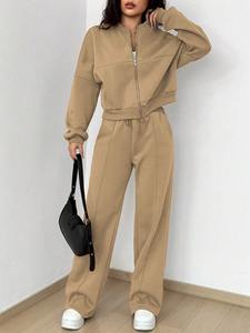 Custom Women's Beige Cropped <b>Zip</b> Hoodie Wide Leg Sweatpants Tracksuit Set Cotton Fleece OEM Private Label Manufacturer - Product Image 2