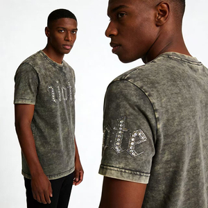Men Bling Rhinestone Acid Wash Drop Shoulder <b>T</b> <b>Shirt</b> Oversized Hip Hop Streetwear Tee Wholesale Clothing Custom Apparel - Product Image 3
