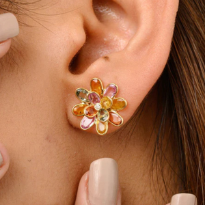 18K Solid Gold Floral Stud <b>Earrings</b> with Natural Rainbow Sapphires Pear Cut Diamonds & Emerald - Product Image 1