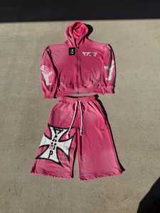 Stone Washed Solid Fleece Autumn Tracksuit Set 100% Cotton <b>Zip</b>-Up Hoodie & Drawstring <b>Shorts</b> with Custom Logo Streetwear for <b>Men</b> - Product Image 1