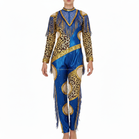 Combinaison de majorette personnalisée pour femmes, bleu léopard, paillettes, franges, uniforme de danse longueur intégrale, OEM