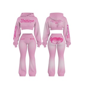 Ensemble haut court à capuche et pantalon bleu pour femme, imprimé lettres jaunes, streetwear, tenue tricotée décontractée d'hiver en deux pièces - Product Image 2