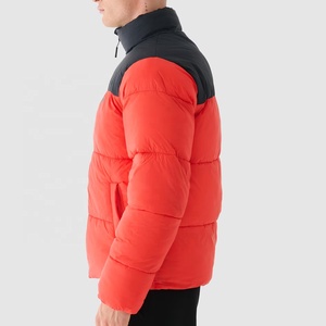 Men's Red Color Blocking Puffer <b>Jacket</b> Stand Collar Zipper Closure Windproof Winter Coat Casual Regular Fit Polyester Wadding - Product Image 4