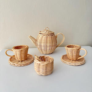 Juego de juguetes de mimbre para fiesta de té para niñas pequeñas, niños, juego de simulación, taza de té, tetera, platos, juguetes de ratán - Product Image 1