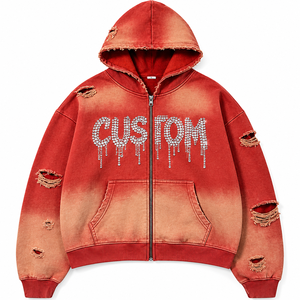 Custom Oversized Distressed Zip Up <b>Hoodie</b> Mens Streetwear Washed Rhinestone Graphic <b>Long</b> Sleeve <b>Hoodie</b> For Unisex Wear - Product Image 1