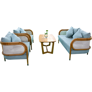 Ensemble de canapés de jardin certifié en chêne et teck avec structure en rotin, coussins bleus, mobilier d'extérieur, origine Vietnam, marque OEM, moderne - Product Image 6