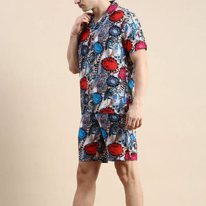 Ensemble chemise et short à manches courtes pour homme, imprimé floral, col en V, coupe classique, vêtements décontractés, tissu polyester respirant - Product Image 1