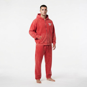 Conjunto de dos piezas de chándal de alta calidad para hombre: Sudadera con capucha extragrande con cremallera completa, lavado ácido, hombros caídos, bolsillo canguro y pantalón con cordón. - Product Image 4