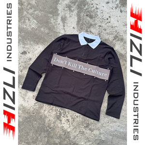 Polo de Manga Larga para Hombre, Negro, con Cuello en Contraste, Bordado, Parche, Estampado, Pedrería, Estilo Urbano - Product Image 1