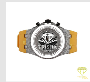 Montre de luxe haut de gamme avec des pierres en moissanite effet diamant et un bracelet en caoutchouc jaune audacieux - Product Image 1