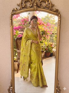 Lime Olive <b>Green</b> <b>Silk</b> Saree Gold Zari Floral Meenakari Weaving Border Matching Blouse Piece Prayosha Enterprise - Product Image 3
